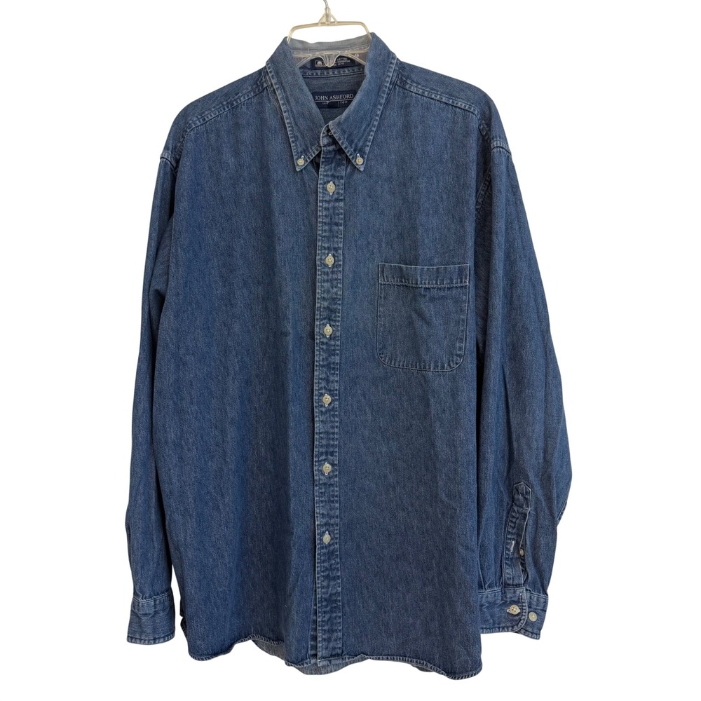 Vtg John Ashford Men XL Blue Denim Button Down Shirt Long Sleeve 100% Cotton EUC